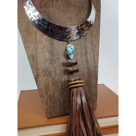 Chico's Jewelry - Chico's Loren Bib Collar Hammered Metal Faux Turquoise Wood Leather Necklace NWT